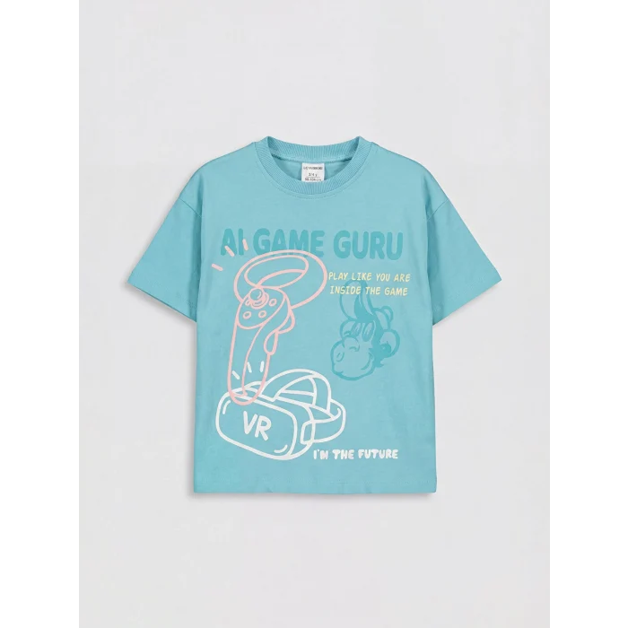 LCW Kids Turkuaz Nostaljik Maymun Baskılı Erkek Çocuk Tişört