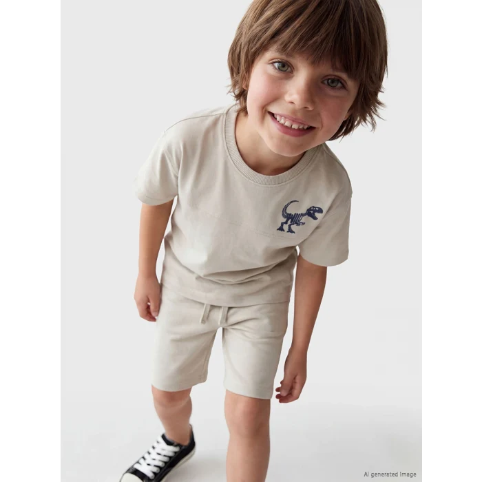 LCW Kids Gri Dinozor Baskılı Erkek Çocuk Tişört ve Şort Takım