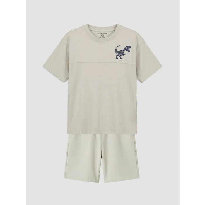 LCW Kids Gri Dinozor Baskılı Erkek Çocuk Tişört ve Şort Takım