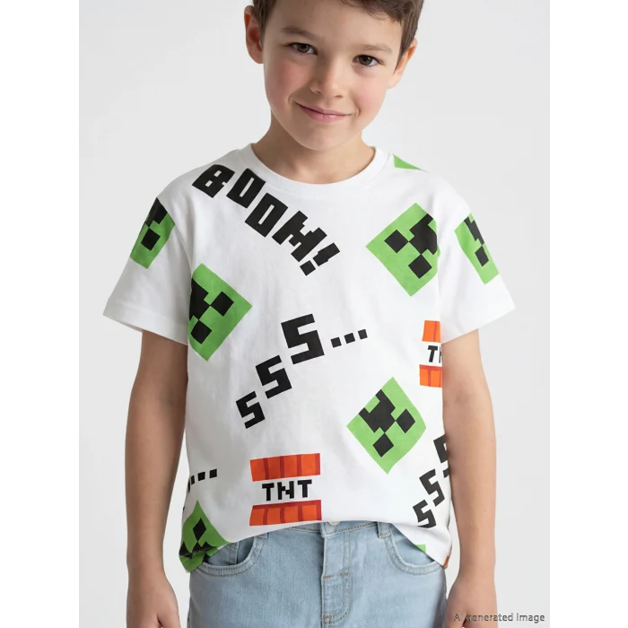 LCW Kids Beyaz Minecraft Baskılı Erkek Çocuk Tişört