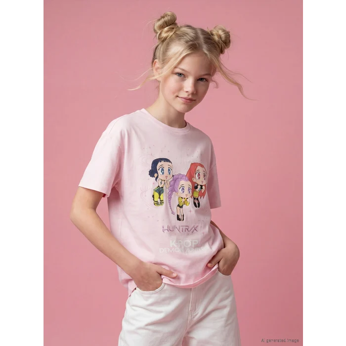 LCW Kids Pembe K-pop Demon Hunters Baskılı Kız Çocuk Tişört