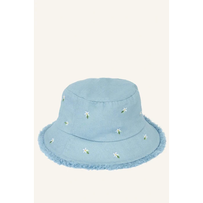 Defacto D8412A8BE2 Mavi Nakışlı Jean Bucket Şapka Kız Çocuk