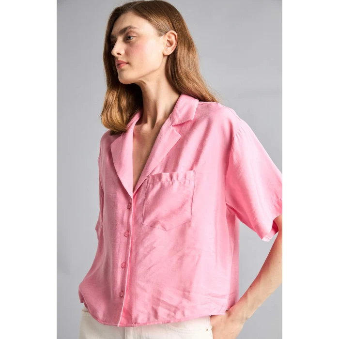 Defacto H7938AXPN164 Pembe Pijama Yaka Modal Kısa Kollu Gömlek