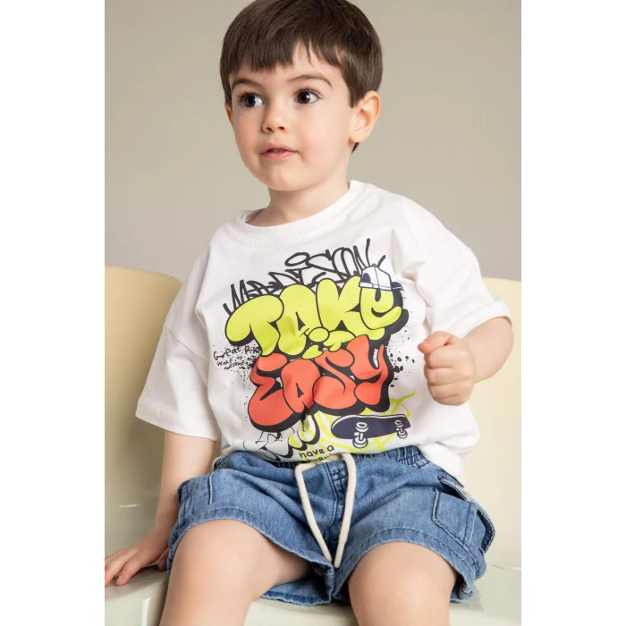 Defacto G9919A5ER98 Ekru %100 Pamuk Kaykay Baskılı Tişört Erkek Bebek
