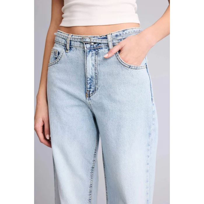 Defacto F9582AXNM39 Mavi %100 Pamuk Straıght Wıde Yüksek Bel Jean Pantolon