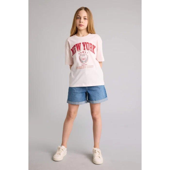 Defacto G1792A8PN344 Pembe Oversıze Bisiklet Yaka Baskılı Kısa Kollu Açık Pembe Tişört Kız Çocuk