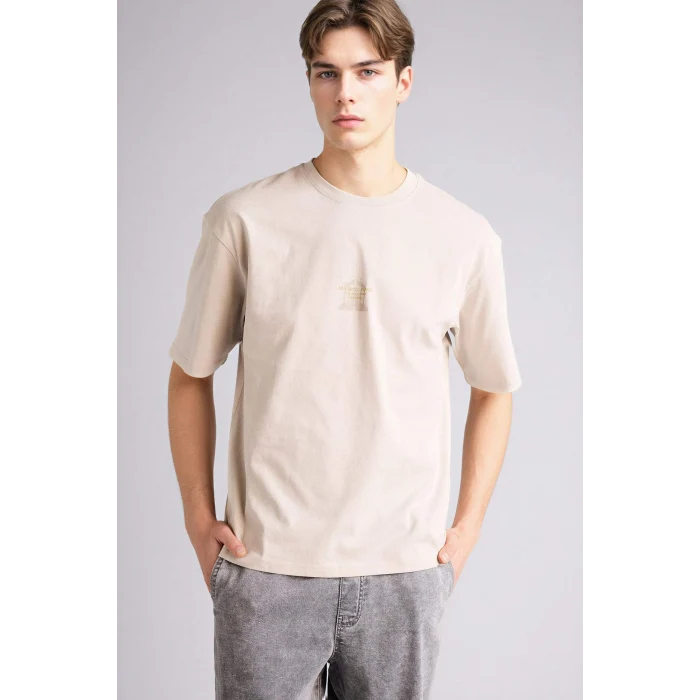 Defacto G5574AXBG766 Bej %100 Pamuk Boxy Fit Sırt Baskılı Tişört