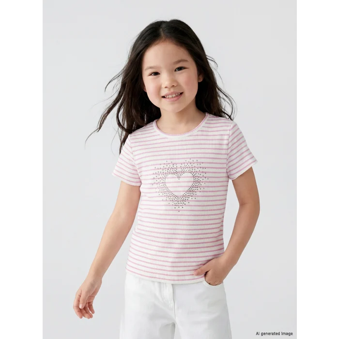LCW Kids Lila Taşlı Kız Çocuk Fitilli Tişört