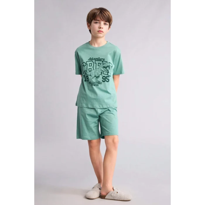 Defacto G8829A8GN1095 Yeşil %100 Pamuk Regular Fıt Baskılı 2li Pijama Takımı Erkek Çocuk