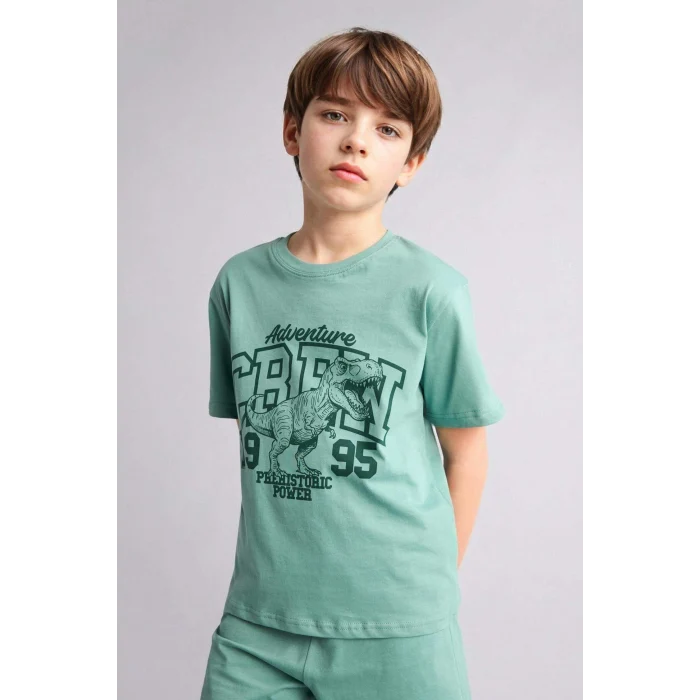 Defacto G8829A8GN1095 Yeşil %100 Pamuk Regular Fıt Baskılı 2li Pijama Takımı Erkek Çocuk