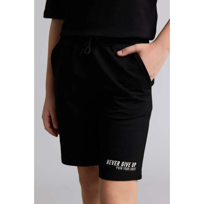 Defacto H7915A8BK81 Siyah Oversıze Slogan Baskılı Sweatshirt Kumaşı Şort Erkek Çocuk