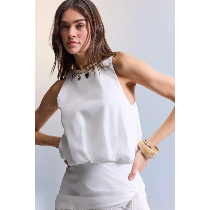 Defacto H2648AXWT32 Beyaz Afra x Defacto Balloon Fıt  Poplin Kolsuz Bluz