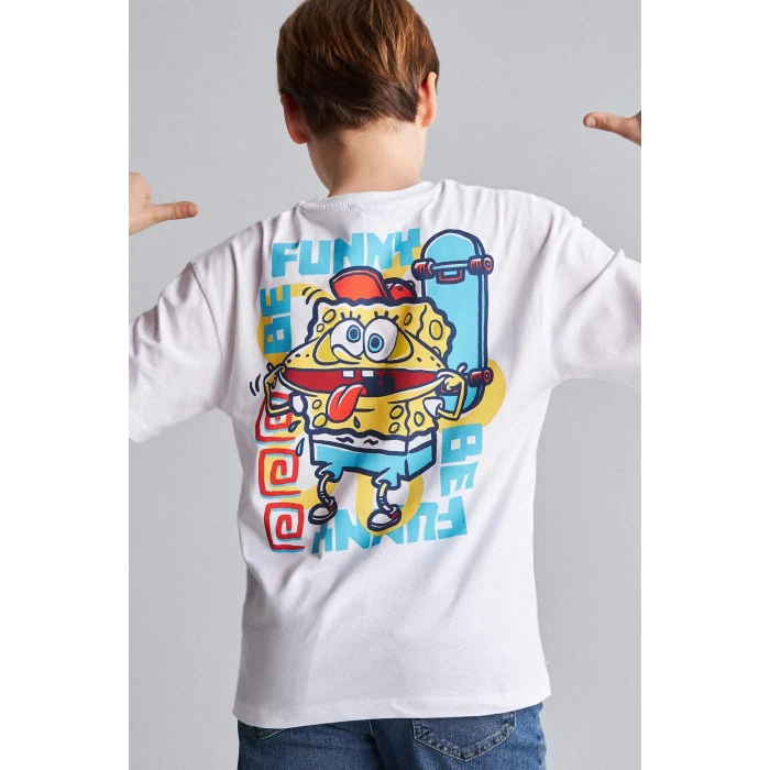 Defacto H8259A8WT34 Beyaz %100 Pamuk SpongeBob Sırt Baskılı Oversıze Bisiklet Yaka Kısa Kollu Tişört Erkek Çocuk