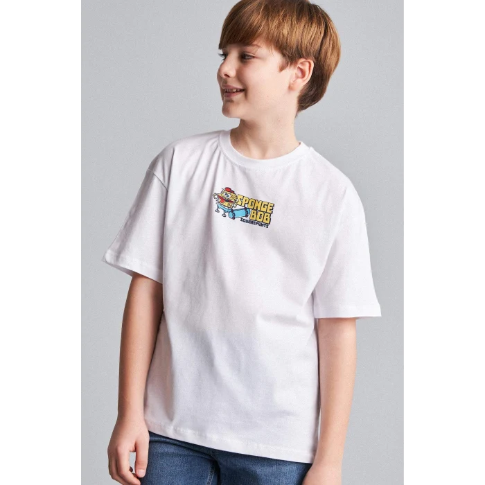 Defacto H8259A8WT34 Beyaz %100 Pamuk SpongeBob Sırt Baskılı Oversıze Bisiklet Yaka Kısa Kollu Tişört Erkek Çocuk