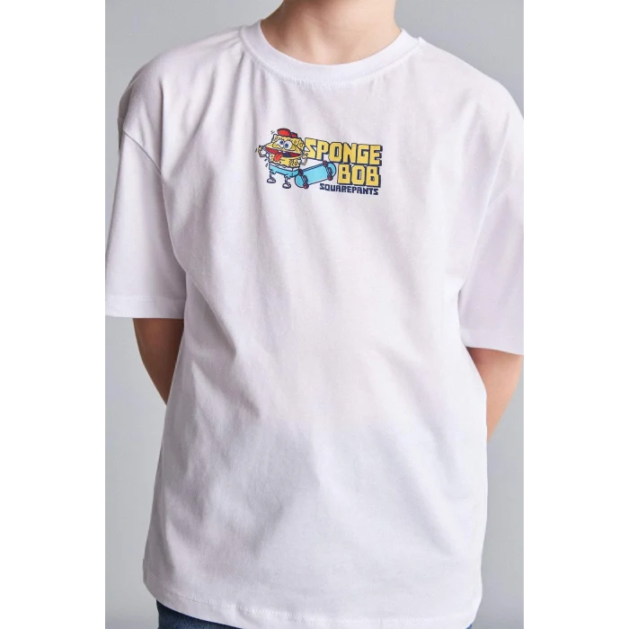 Defacto H8259A8WT34 Beyaz %100 Pamuk SpongeBob Sırt Baskılı Oversıze Bisiklet Yaka Kısa Kollu Tişört Erkek Çocuk