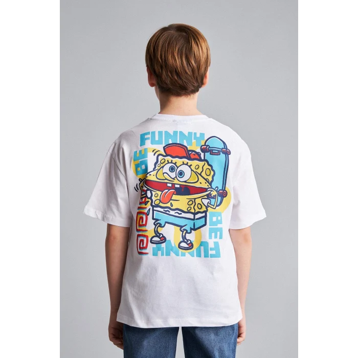 Defacto H8259A8WT34 Beyaz %100 Pamuk SpongeBob Sırt Baskılı Oversıze Bisiklet Yaka Kısa Kollu Tişört Erkek Çocuk