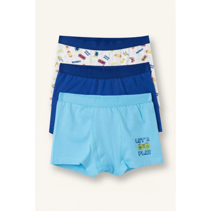 Defacto H1661A8WT34 Beyaz Kaykay Baskılı Penye 3lü Boxer Erkek Çocuk