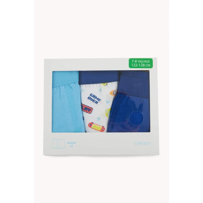 Defacto H1661A8WT34 Beyaz Kaykay Baskılı Penye 3lü Boxer Erkek Çocuk