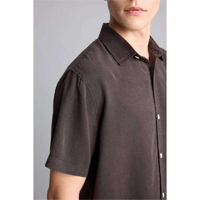 Defacto E2530AXBN339 Kahve Regular Fıt Tencel Kısa Kollu Gömlek