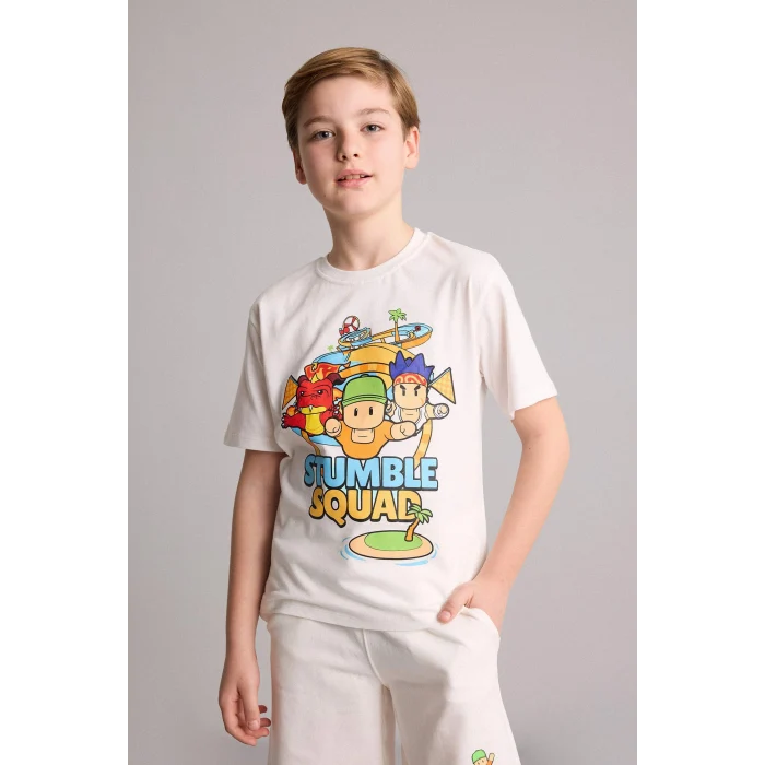 Defacto H8306A8ER105 Ekru Stumble Guys Oversıze Bisiklet Yaka Kısa Kollu Tişört Erkek Çocuk