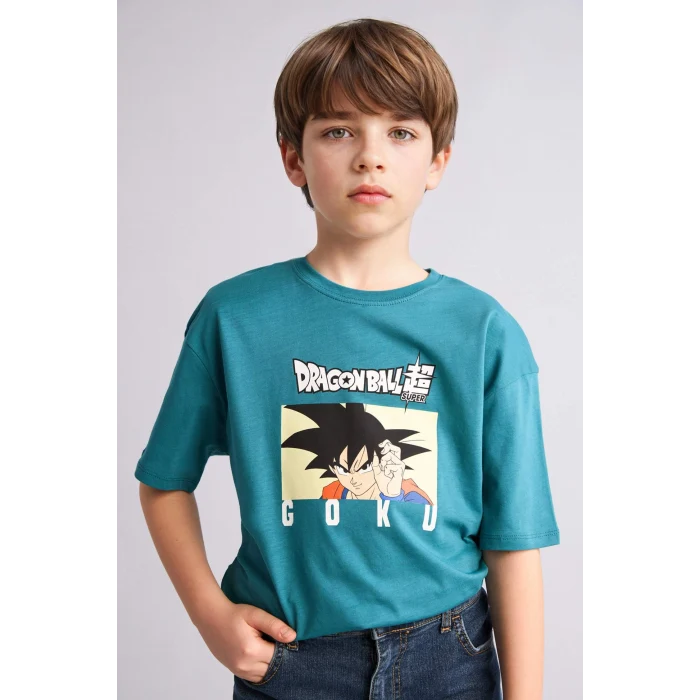 Defacto H3516A8GN368 Yeşil %100 Pamuk Dragon Ball Oversıze Bisiklet Yaka Kısa Kollu Tişört Erkek Çocuk