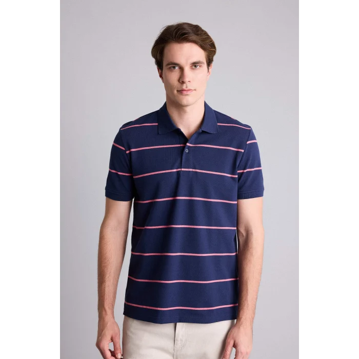 Defacto G6896AXNV241 Lacivert Regular Fıt Polo Yaka Çizgili Kısa Kollu Polo Tişört