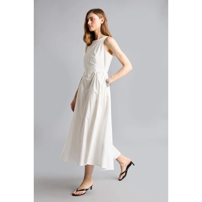 Defacto H4575AXWT32 Beyaz Fıtted Halter Yaka Poplin Kolsuz Midi Elbise