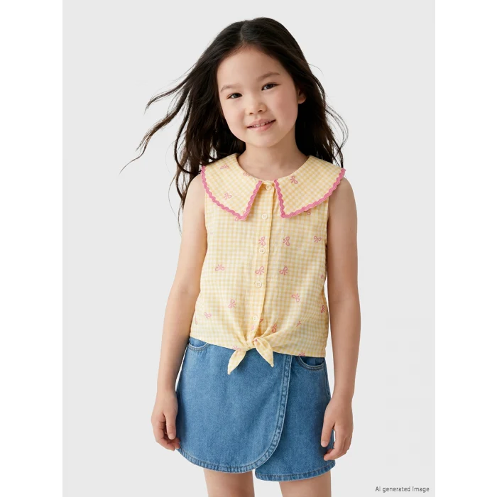 LCW Kids Sarı Bebe Yaka Fiyonk Baskılı Kız Çocuk Gömlek