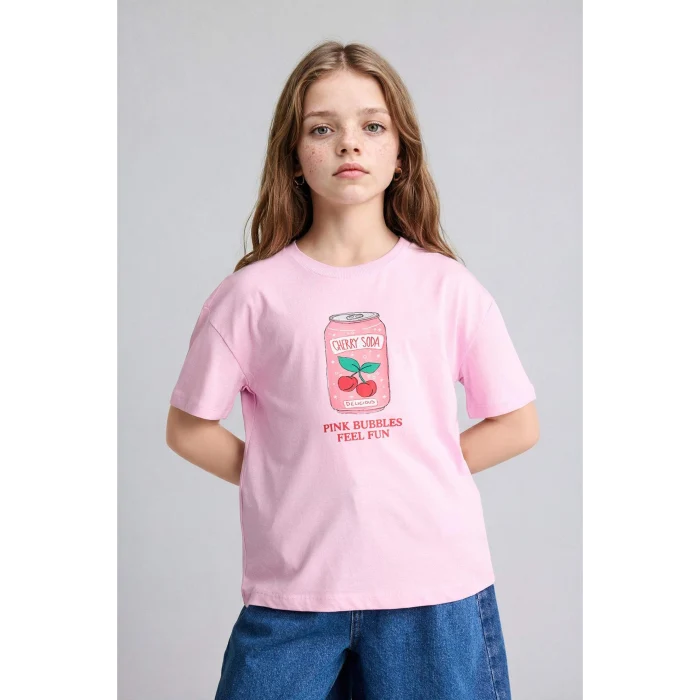 Defacto H8796A8PN205 Pembe Bisiklet Yaka Baskılı Kısa Kollu Açık Pembe Tişört Kız Çocuk