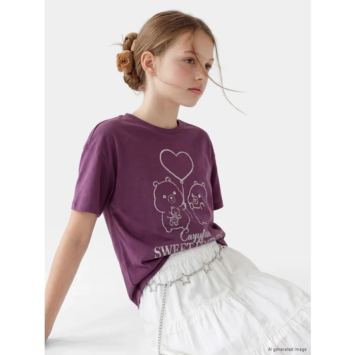 LCW Kids Bordo Bisiklet Yaka Capyfun Baskılı Kız Çocuk Tişört