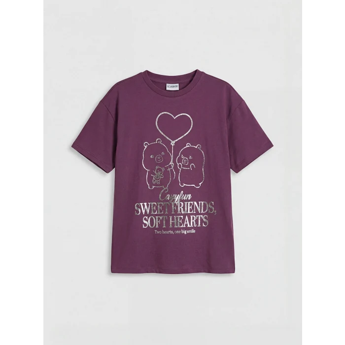 LCW Kids Bordo Bisiklet Yaka Capyfun Baskılı Kız Çocuk Tişört