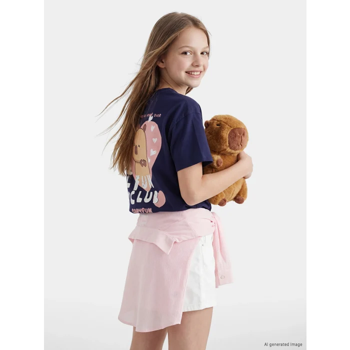 LCW Kids Lacivert Bisiklet Yaka Capyfun Baskılı Kız Çocuk Tişört