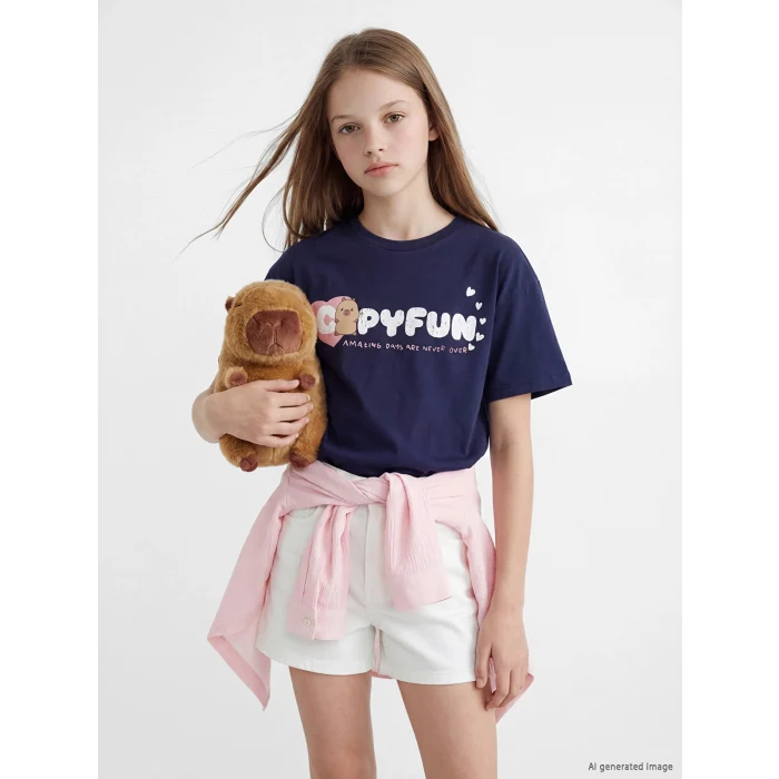 LCW Kids Lacivert Bisiklet Yaka Capyfun Baskılı Kız Çocuk Tişört