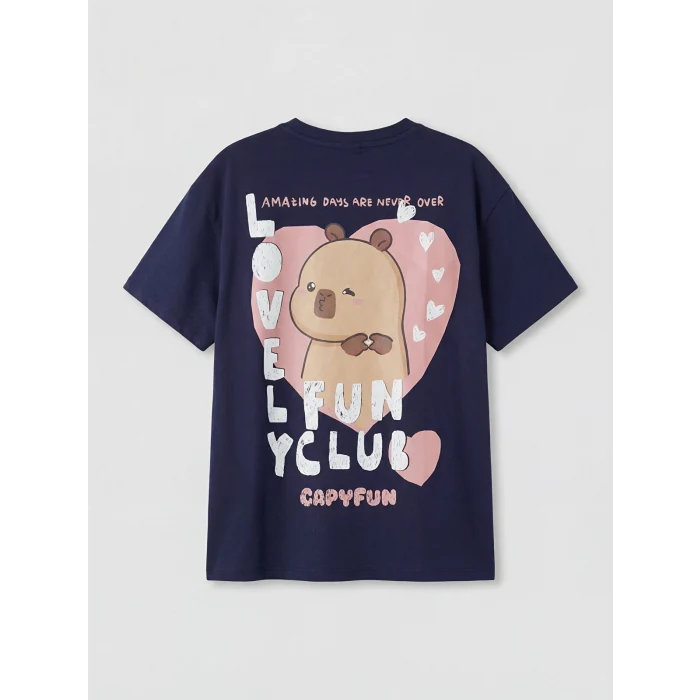 LCW Kids Lacivert Bisiklet Yaka Capyfun Baskılı Kız Çocuk Tişört