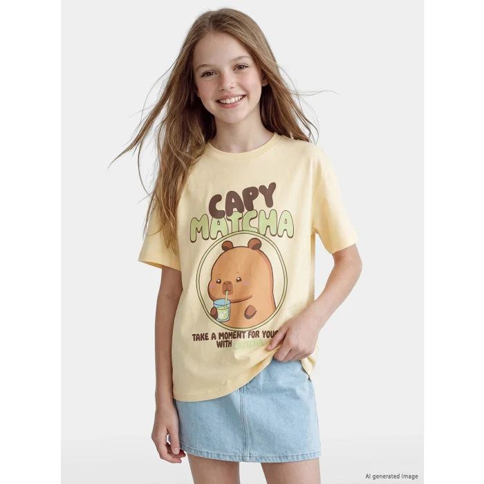 LCW Kids Sarı Bisiklet Yaka Capyfun Baskılı Kız Çocuk Tişört