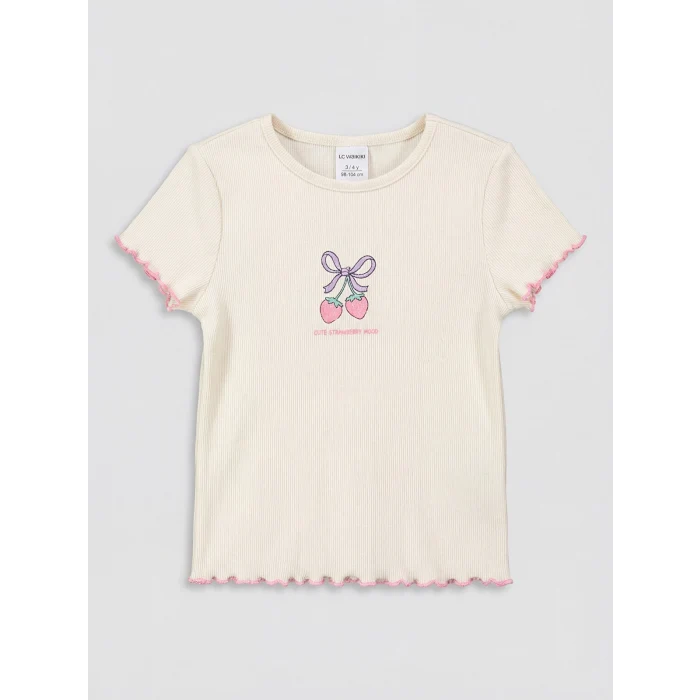 LCW Kids Ekru Baskılı Kız Çocuk Fitilli Tişört 2li