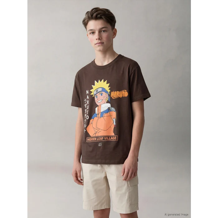 LCW Kids Kahverengi Bisiklet Yaka Naruto Baskılı Erkek Çocuk Tişört