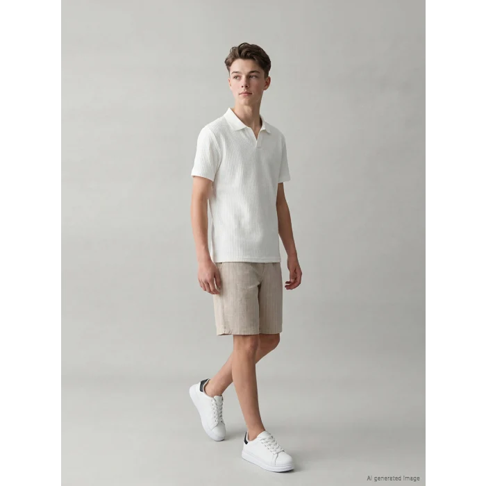LCW Kids Bej Çizgili Erkek Çocuk Poplin Şort