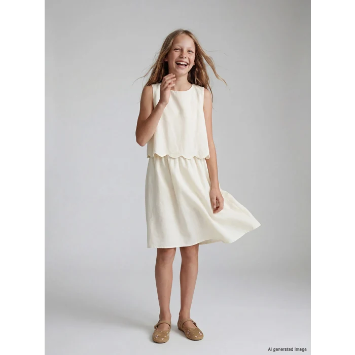 LCW Kids Ekru Bisiklet Yaka Nakışlı Kız Çocuk Poplin Elbise