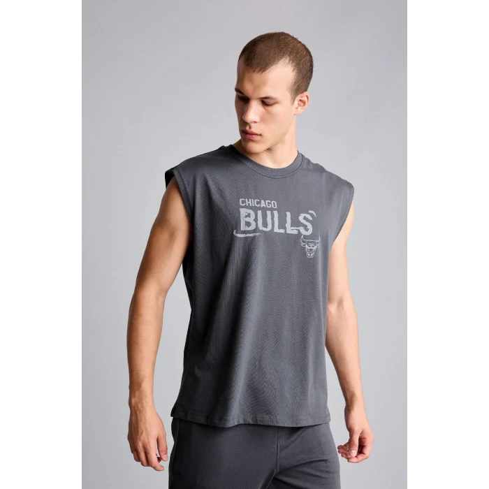 Defacto G0911AXAR214 Antrasit %100 Pamuk NBA Chıcago Bulls Oversıze Baskılı Bisiklet Yaka Atlet