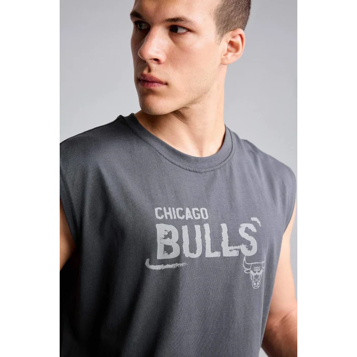 Defacto G0911AXAR214 Antrasit %100 Pamuk NBA Chıcago Bulls Oversıze Baskılı Bisiklet Yaka Atlet