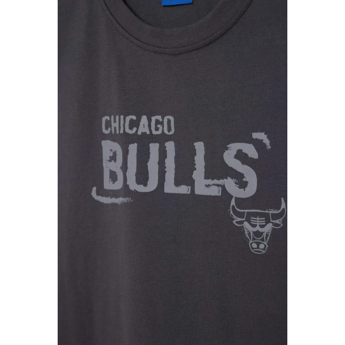 Defacto G0911AXAR214 Antrasit %100 Pamuk NBA Chıcago Bulls Oversıze Baskılı Bisiklet Yaka Atlet