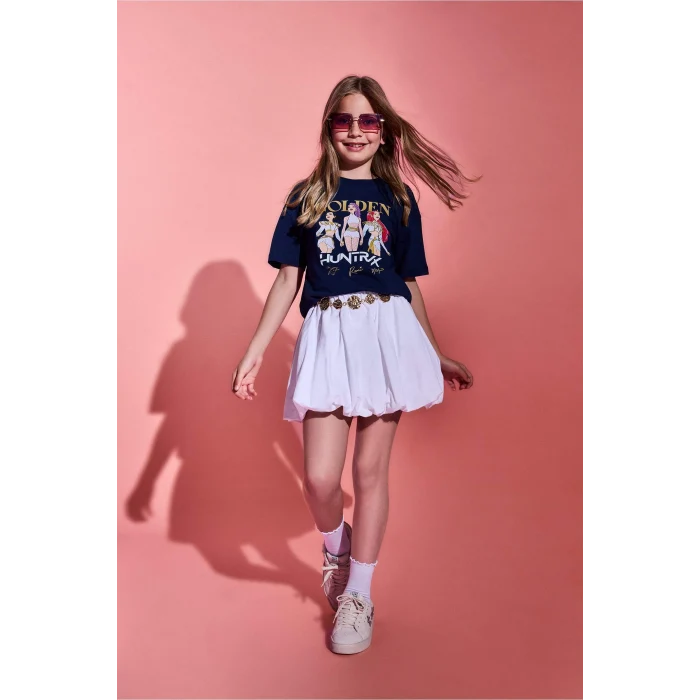 Defacto H7343A8NV31 Lacivert %100 Pamuk Kpop - Demon Hunters Relax Fıt Bisiklet Yaka Kısa Kollu Tişört Kız Çocuk