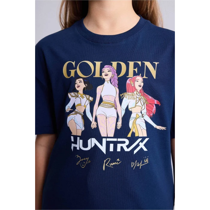 Defacto H7343A8NV31 Lacivert %100 Pamuk Kpop - Demon Hunters Relax Fıt Bisiklet Yaka Kısa Kollu Tişört Kız Çocuk