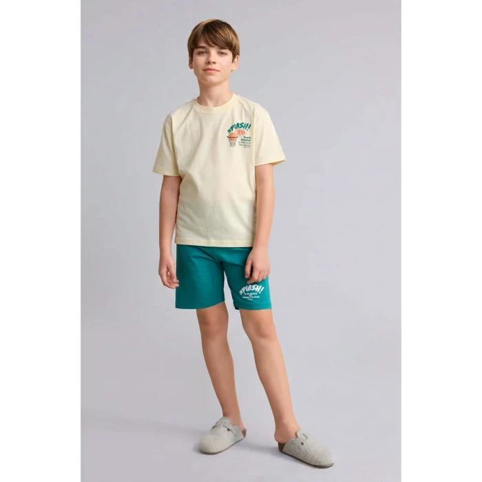 Defacto H8195A8YL240 Sarı %100 Pamuk Baskılı Tişört Şort Pijama Takımı Erkek Çocuk