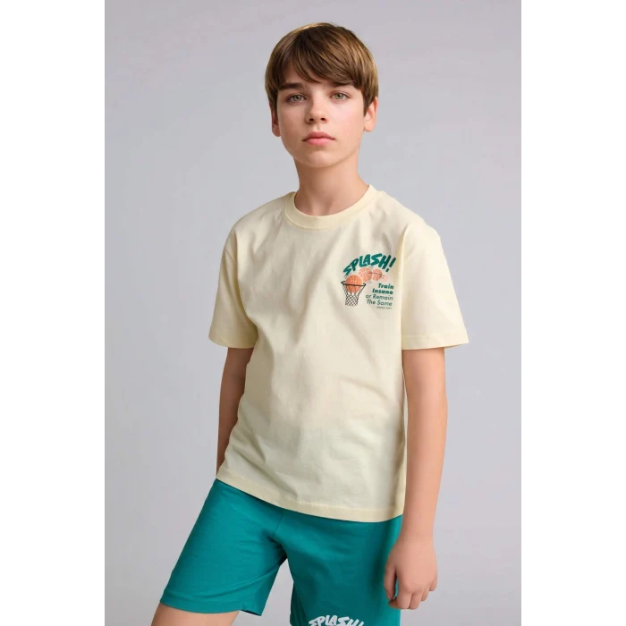 Defacto H8195A8YL240 Sarı %100 Pamuk Baskılı Tişört Şort Pijama Takımı Erkek Çocuk