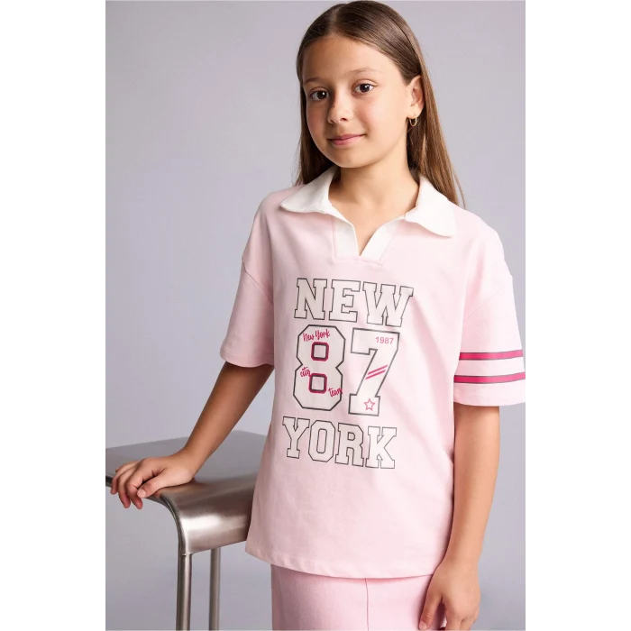 Defacto H7251A8PN74 Pembe V Yaka Baskılı Kısa Kollu Açık Pembe Tişört Kız Çocuk