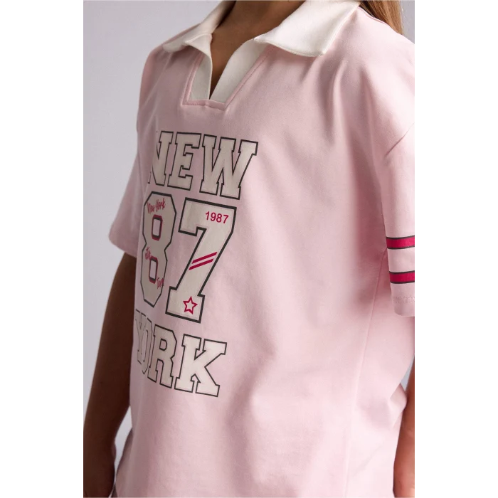 Defacto H7251A8PN74 Pembe V Yaka Baskılı Kısa Kollu Açık Pembe Tişört Kız Çocuk