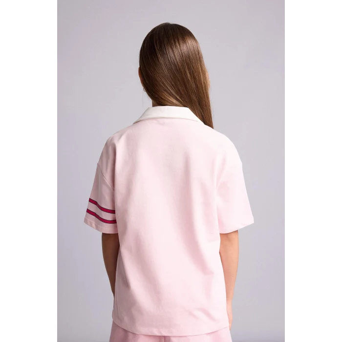Defacto H7251A8PN74 Pembe V Yaka Baskılı Kısa Kollu Açık Pembe Tişört Kız Çocuk