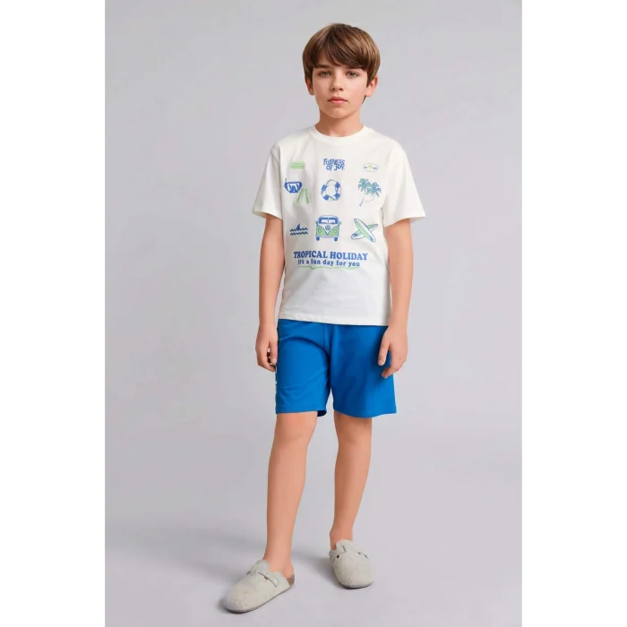 Defacto H8197A8ER105 Ekru %100 Pamuk  Baskılı Kısa Kollu Üst Şort Alt 2li Pijama Takımı Erkek Çocuk